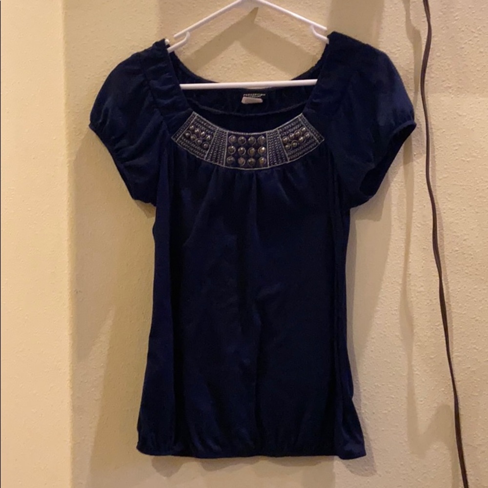 navy blue blouse with sliver beaded neck